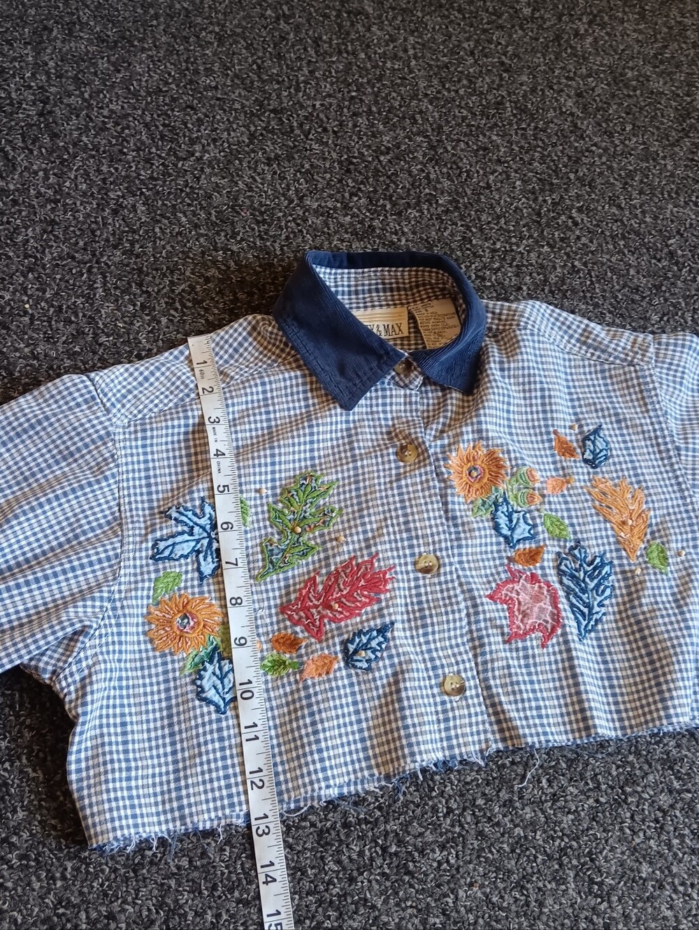90s Fall Embroidered Leaf Blue Gingham Cropped Button-Up Cut-off Sz. Small - Picture 11 of 11